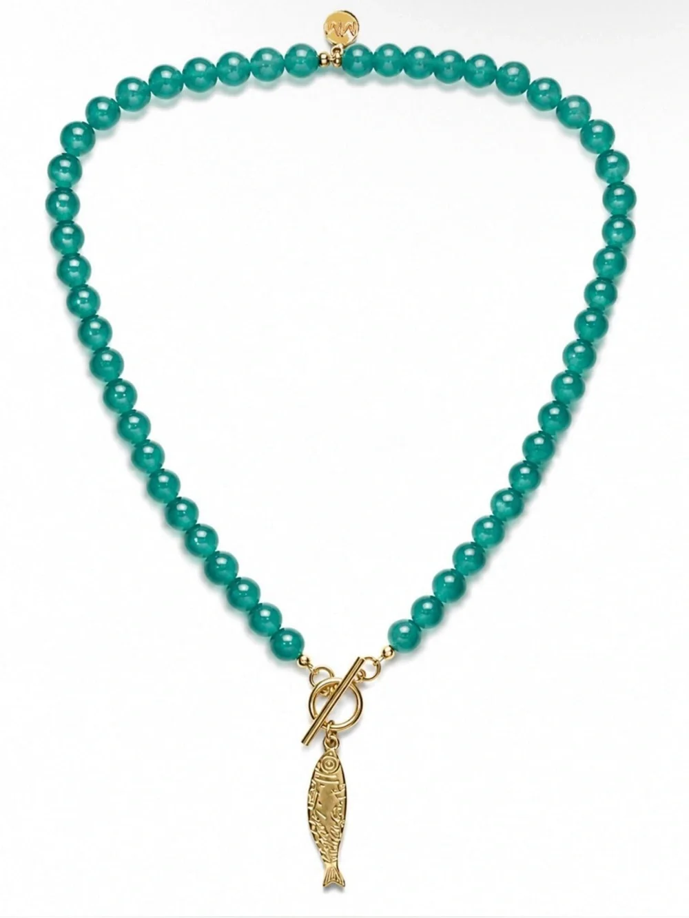 Teal Beaded Necklace with Gold Fish Charm